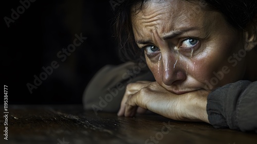 A woman leaning on a table, her fingers digging into the wooden surface, veins prominent on her hands, her brow furrowed deeply as tears streak her face