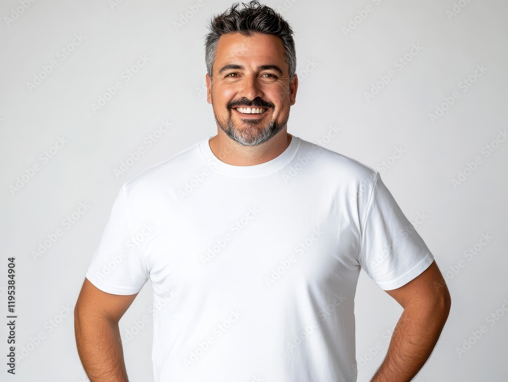 white t-shirt mockup for man plus size A smiling man in a plain white t-shirt stands confidently with his hands on his hips against a light background. white t-shirt mockup for man plus size A smiling man in a plain white t-shirt stands confidently with his hands on his hips against a light background.
