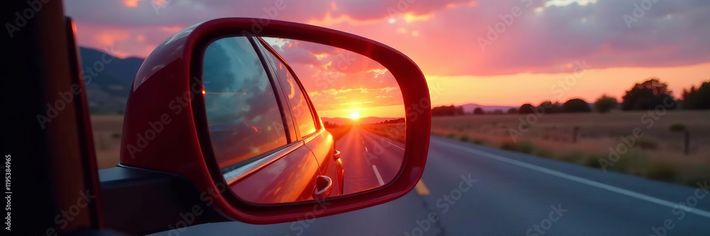 A scenic sunset reflected in a car mirror during a peaceful road trip. A scenic sunset reflected in a car mirror during a peaceful road trip.