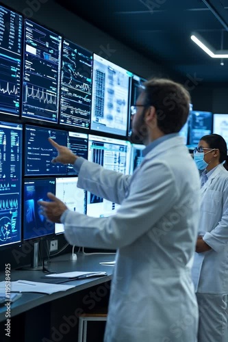 Scientist explaining data on multiple computer screens