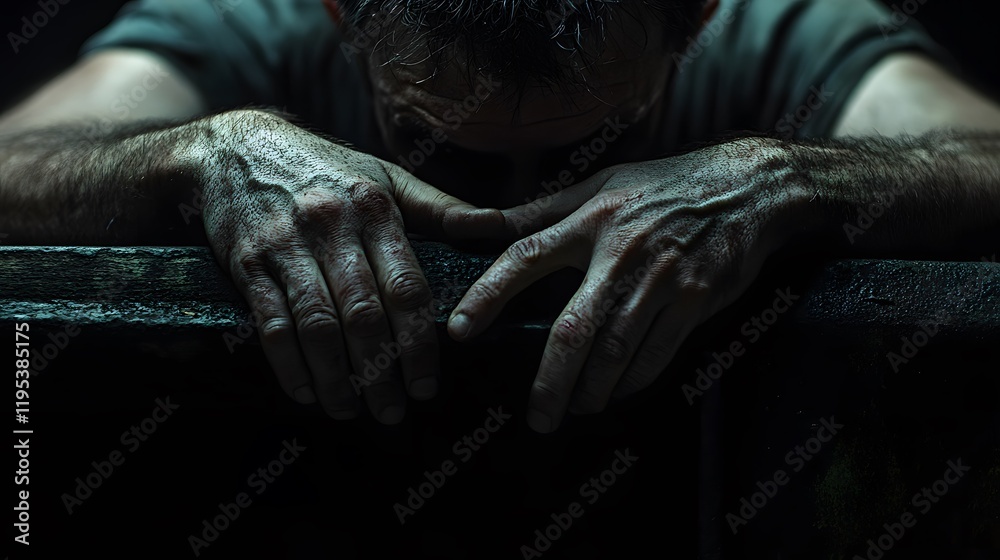 A man s hands gripping the edge of a cold steel surface, veins bulging on his arms as his head hangs low, illuminated by faint industrial lighting A man s hands gripping the edge of a cold steel surface, veins bulging on his arms as his head hangs low, illuminated by faint industrial lighting