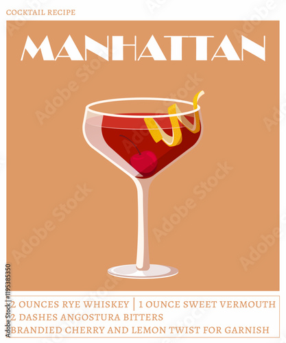 Manhattan cocktail on the beige background. Vector illustration of modern alcoholic drink. Cocktail recipe poster