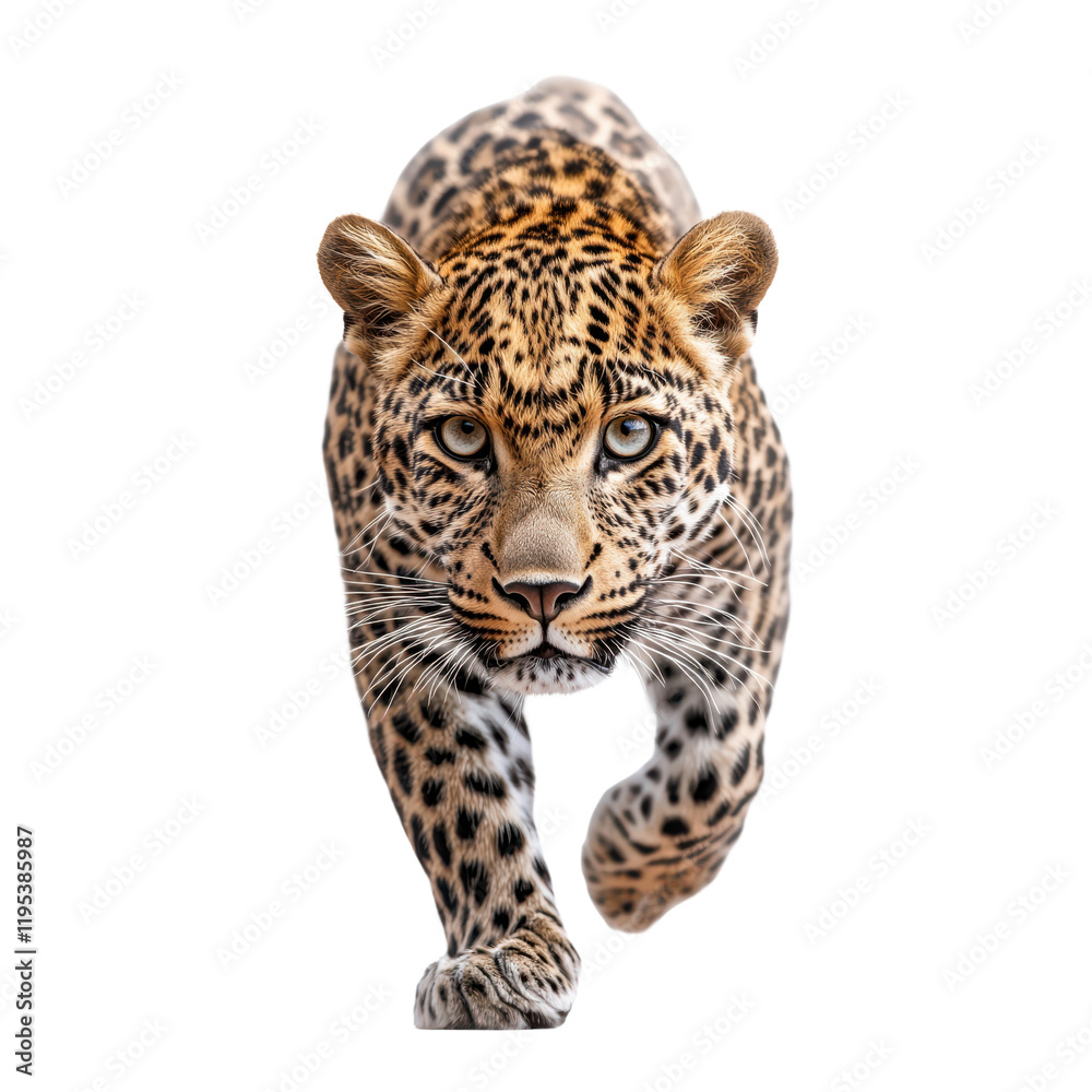 Obraz premium Close-Up of a Majestic Leopard Stepping Forward on White or Transparent Background