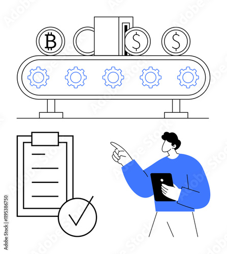 Conveyor system converting cryptocurrency symbols into gears with checklist and businessman reviewing progress. Ideal for finance, technology, automation, cryptocurrency, management, innovation