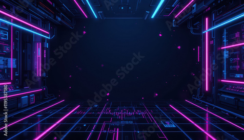 Dark Futuristic Cyberpunk-Themed Background with Glowing Neon Lights and Grids, ai generative