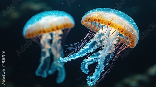 Two glowing jellyfish swim in dark water.