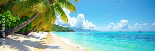 A serene tropical beach with white sand, palm trees, and clear turquoise water.