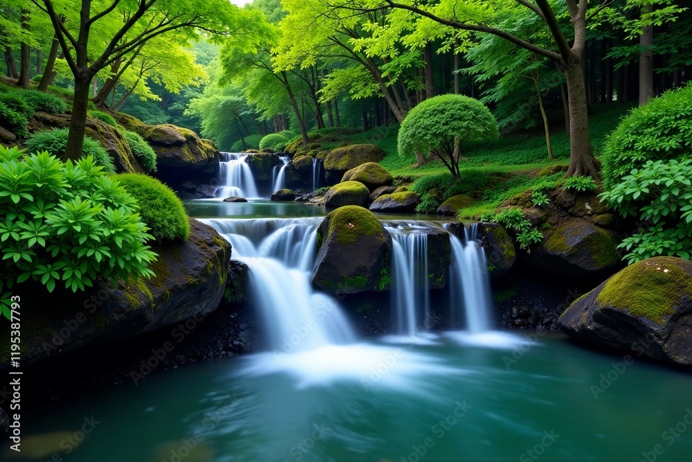 A serene waterfall surrounded by lush greenery and vibrant landscapes. A serene waterfall surrounded by lush greenery and vibrant landscapes.