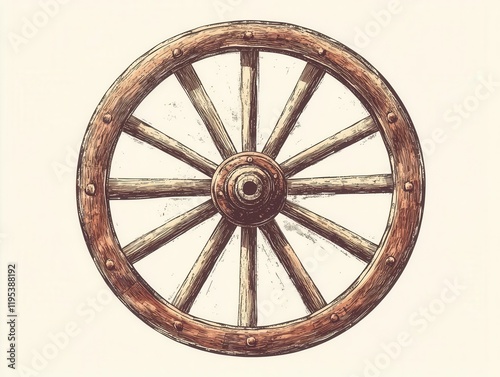 vintage rustic wooden wagon wheel vector illustration with weathered texture and detailed spokes for autumn harvest festival design