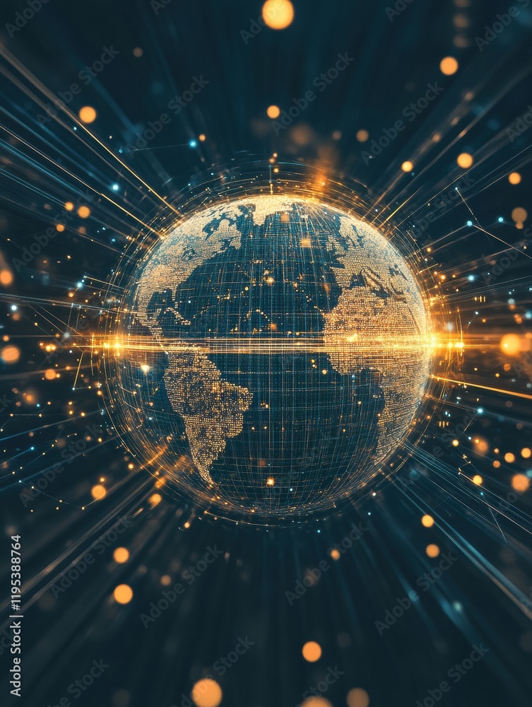 Obraz premium Glowing digital globe surrounded by dynamic lines and illuminated points representing technology and connectivity. Generative AI