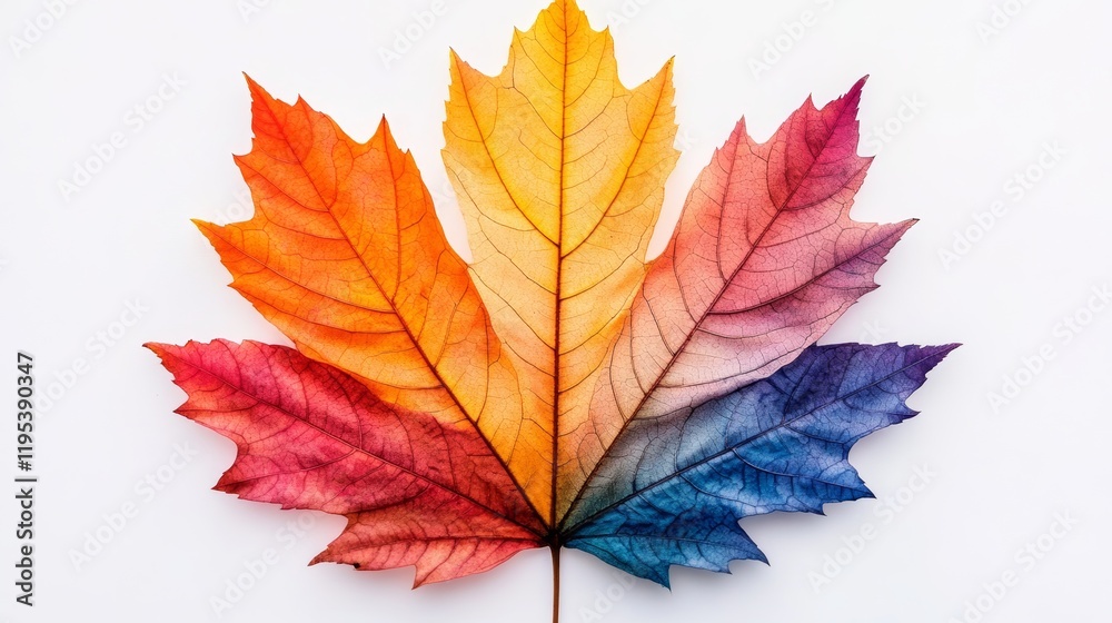 Obraz premium Vibrant autumn leaf showcasing a spectrum of warm and cool colors against a stark white background. A beautiful display of nature's artistry.