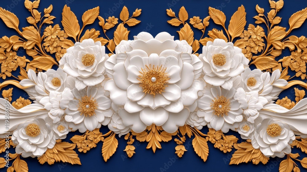 Obraz premium Elegant 3D floral arrangement. White flowers and gold leaves on a deep blue background.