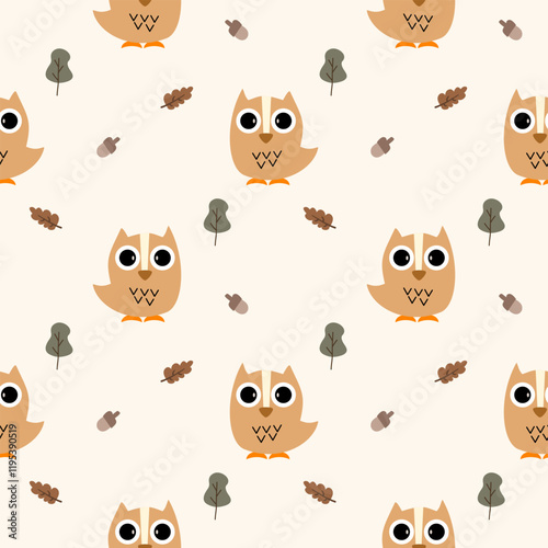 Owl cartoon so cute. On tree acorn leaf background. Pattern seamless vector illustration. 