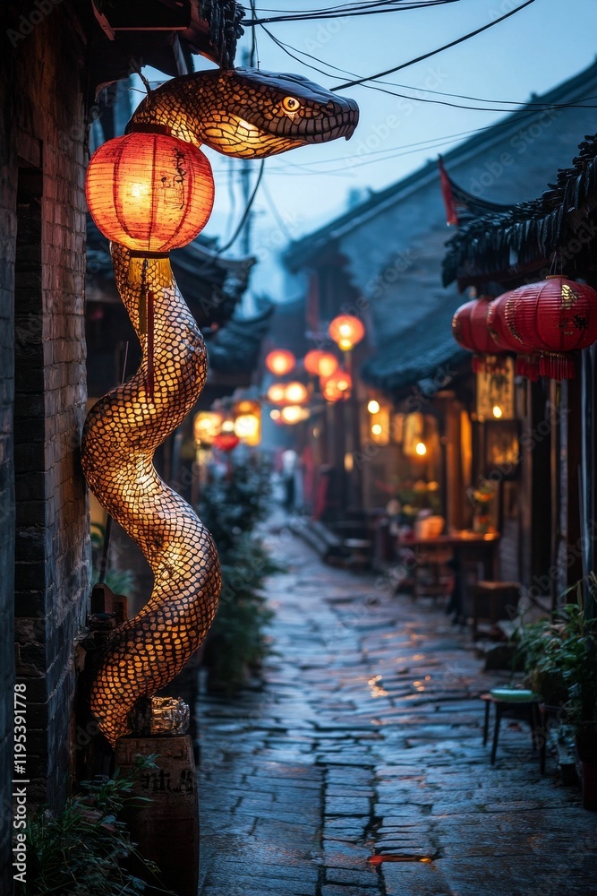 Obraz premium Illuminated serpent lantern, cobblestone lane, glowing lanterns.