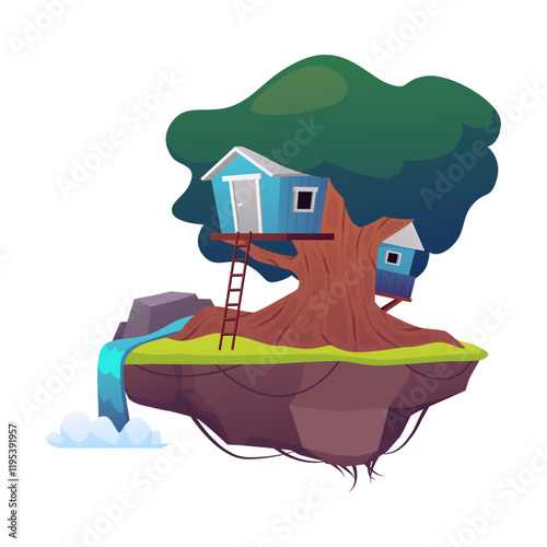 Floating game island with huts on the tree trunk, vector cartoon cute fairy tale village house with stairs, waterfall