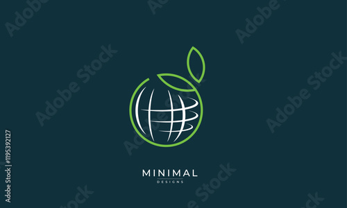 Minimal green world logo or green planet logo or leaf circle with a world map or eco world 