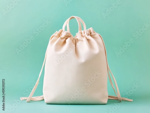 A stylish, cream-colored drawstring backpack against a vibrant mint green background, perfect for casual outings and fashion. product presentation mockup. photo