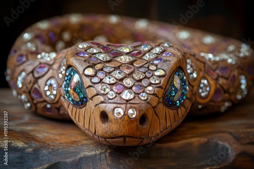 Carved wooden serpent, adorned with colorful gems. photo