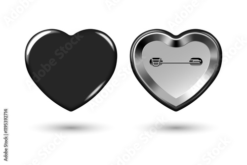 Black heart pin badge mockup. Isolated badge button brooch. Realistic blank heart shape glossy black button badge pin with metal back cover. 3d Vector illustration.