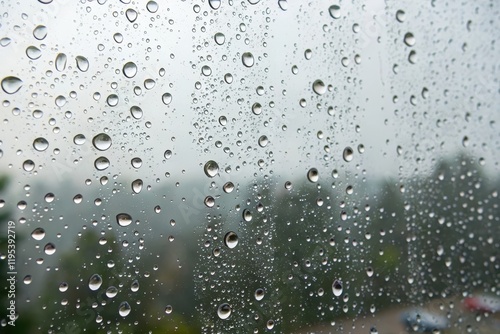 A captivating view of raindrops clinging to a windowpane, obscuring a blurred outdoor scene of vegetation