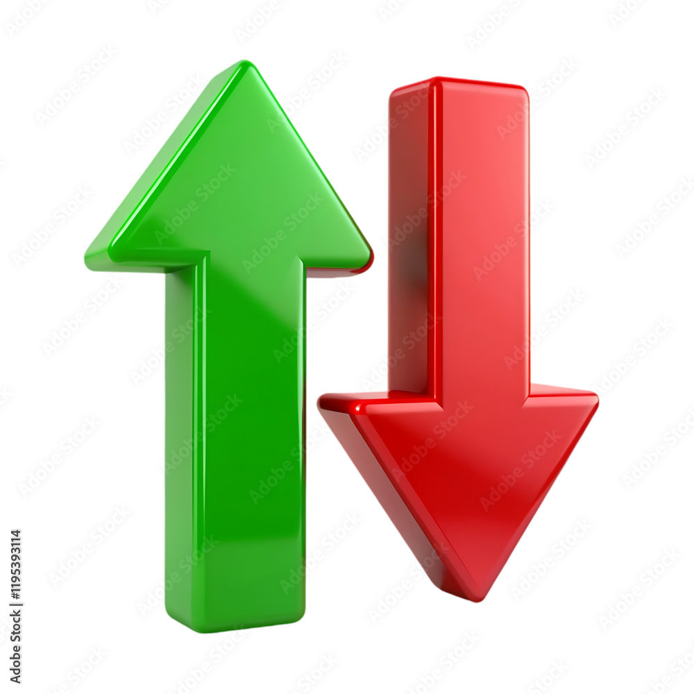 Green Up Arrow Red Down Arrow 3D Shiny Icons sign signs stock trend arrows symbol design  