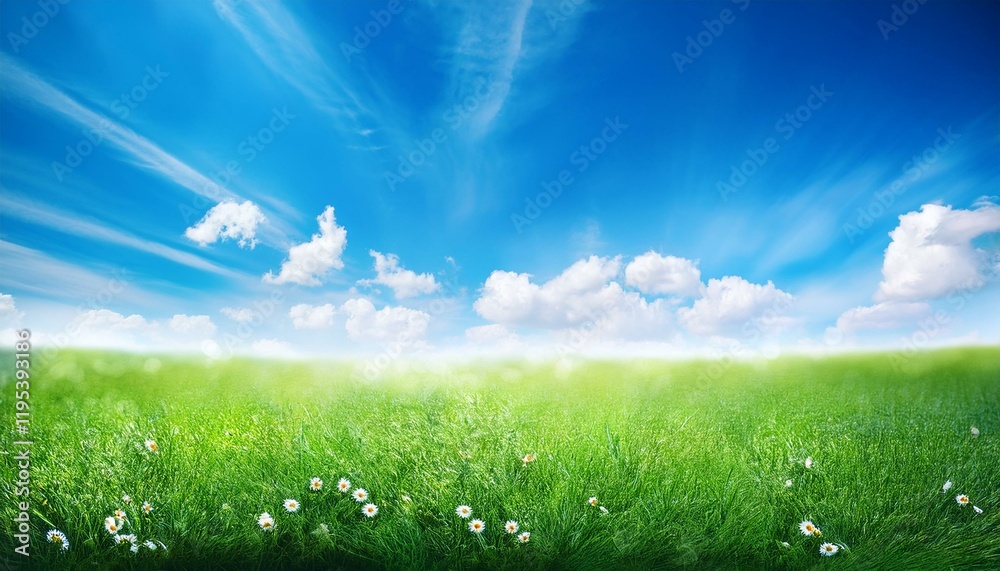 Obraz premium 天気の良い春の緑の野原の風景。AIで生成