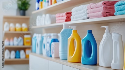 Colorful Cleaning Products and Soft Towels Arranged Neatly on Shelf in a Well-Organized Laundry Room