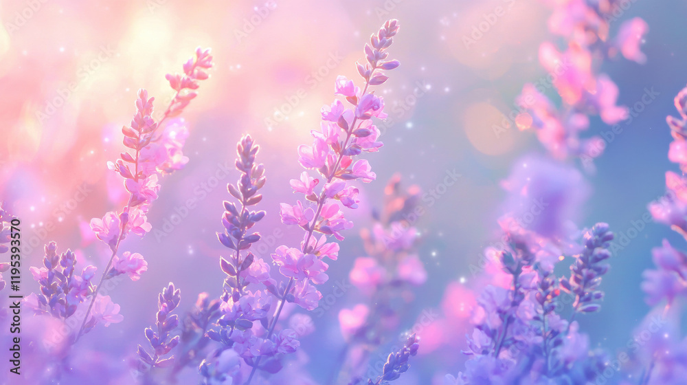Soft lavender flowers bloom in dreamy, pastel landscape filled with light. enchanting scene evokes sense of tranquility and beauty Soft lavender flowers bloom in dreamy, pastel landscape filled with light. enchanting scene evokes sense of tranquility and beauty