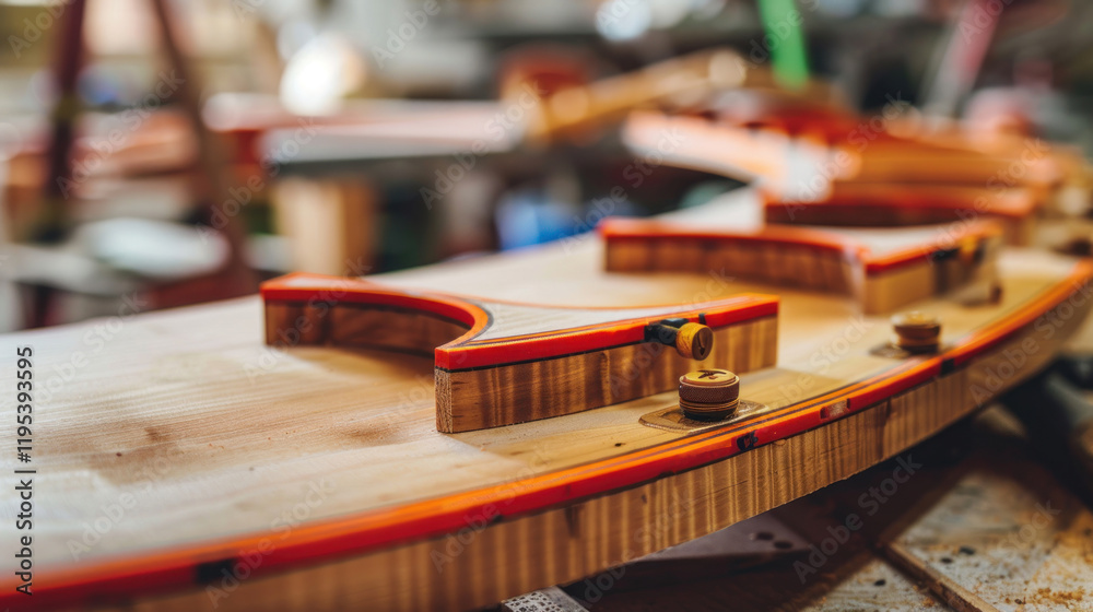 A close-up of the process of measuring wood curvature for a guitar's sides, clamps and tools nearby A close-up of the process of measuring wood curvature for a guitar's sides, clamps and tools nearby