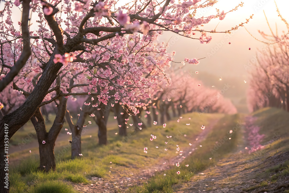 Dreamy side angle view of peach blossom orchard in bloom. Dreamy side angle view of peach blossom orchard in bloom.