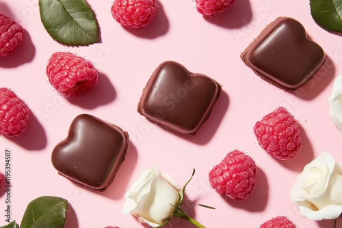 Wallpaper Mural Heart-shaped chocolates raspberries on pink background Torontodigital.ca