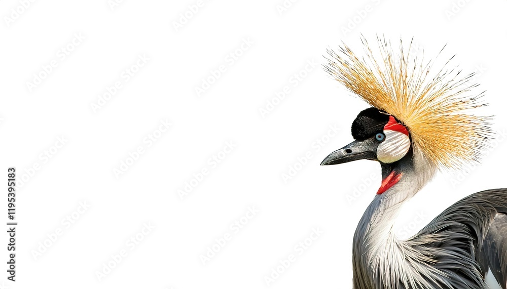 Fototapeta premium African grey crowned or great golden crested crane - Balearica regulorum - is found in nearly all of Africa, and it is the national bird of Uganda. Isolated on white background with copy space