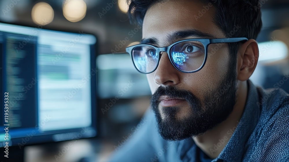 Focused Programmer with Glasses Working on Computer Code at Night Focused Programmer with Glasses Working on Computer Code at Night