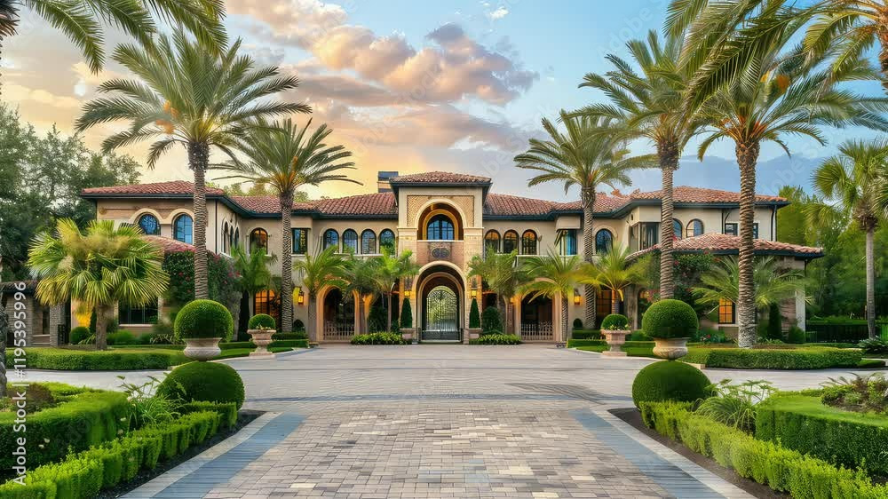 Animation Elegant Mediterranean Villa with Palm Gardens generated with ai Animation Elegant Mediterranean Villa with Palm Gardens generated with ai