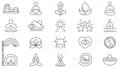Yoga Poses line icon set. Mental relaxation, health meditate, self concentration, relax, sound, yoga, bohemian, lotus pose, balance, mental health line icon set. UI thin line icon pack.