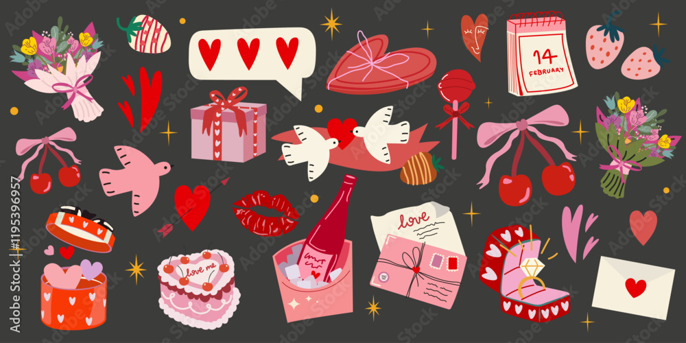 Valentine’s day elements vector retro cute set. Flat stickers for Valentine's Day on February 14. Presents for the feast of Saint Valentine. Confession of love