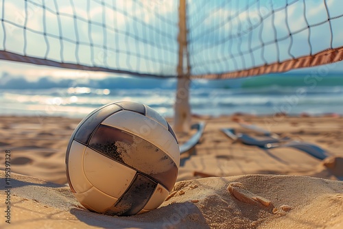 Wallpaper Mural volleyball resting on the sand of a beach court with a net and the ocean in the background capturing the serene and sporty vibe Torontodigital.ca