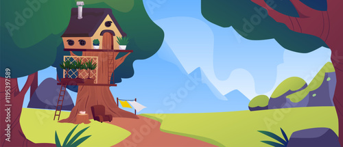 Cartoon hut on tree trunk nature landscape, vector cute fairy tale village wooden house with ladder, potted plants, road