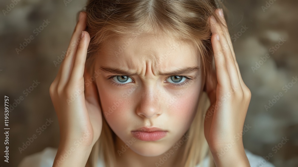 Fototapeta premium Upset Teenage Girl with Blonde Hair Holding Head Frustration Expression Closeup Portrait