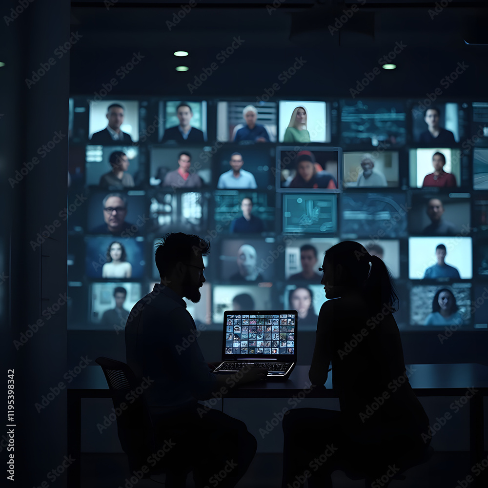 A man in silhouette using a laptop to narrow down images of people on multiple screens, symbolizing the concept of video surveillance and advanced artificial intelligence technology for case managemen A man in silhouette using a laptop to narrow down images of people on multiple screens, symbolizing the concept of video surveillance and advanced artificial intelligence technology for case managemen