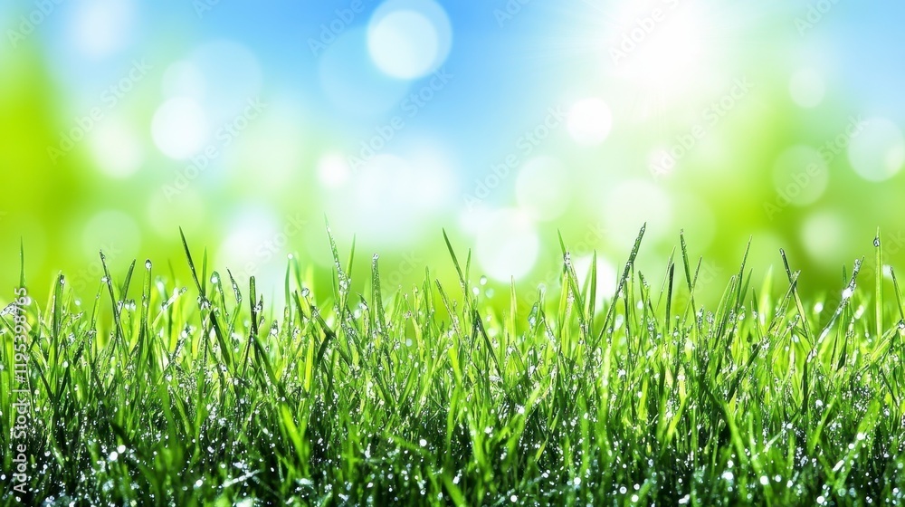 Vibrant Green Grass Blades with Dew Drops Sunny Spring Meadow Background Vibrant Green Grass Blades with Dew Drops Sunny Spring Meadow Background