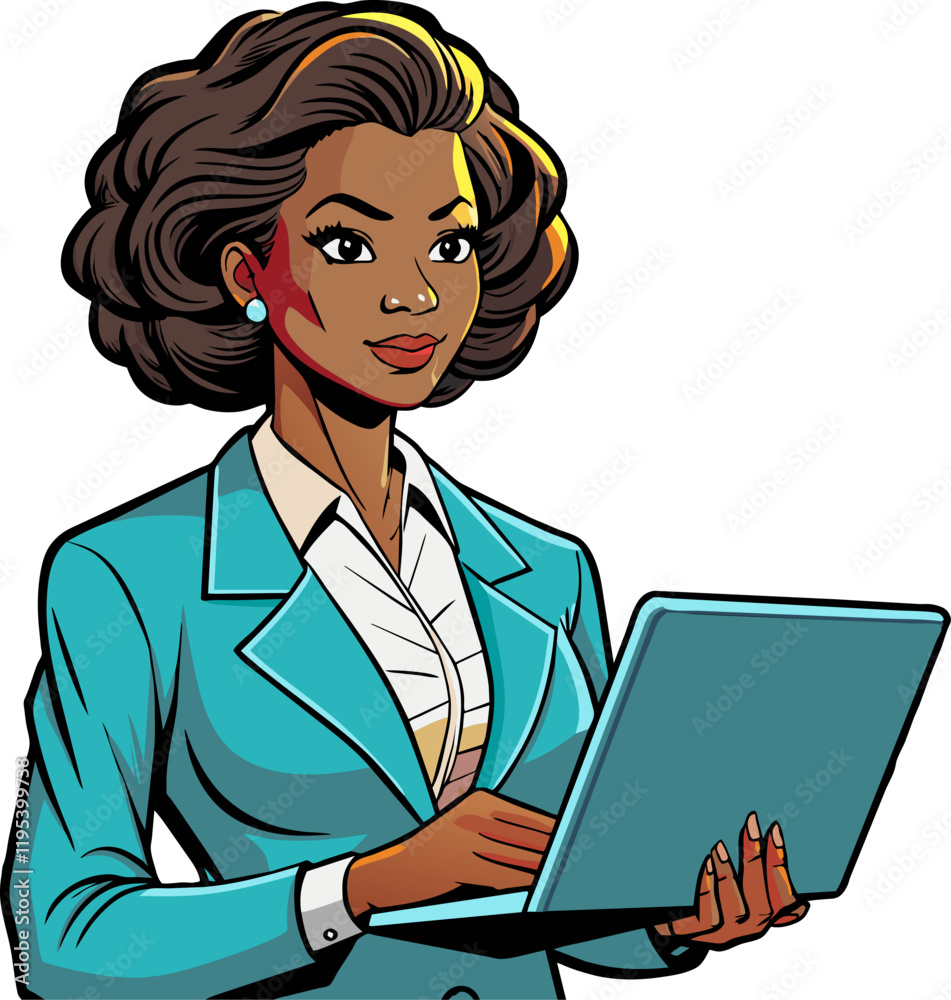 Girl with laptop and suit in retro comic style and business theme. Businesswoman with a computer, isolated pop art illustration Girl with laptop and suit in retro comic style and business theme. Businesswoman with a computer, isolated pop art illustration
