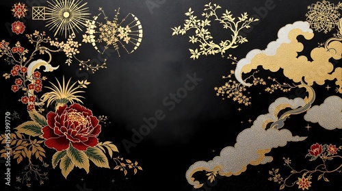 Traditional Japanese Style Wallpaper Mural with Peonies, Clouds, Stars and Geometric Patterns for Elegant Interior Design.