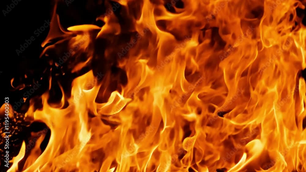 Burning flames and embers rising on black background