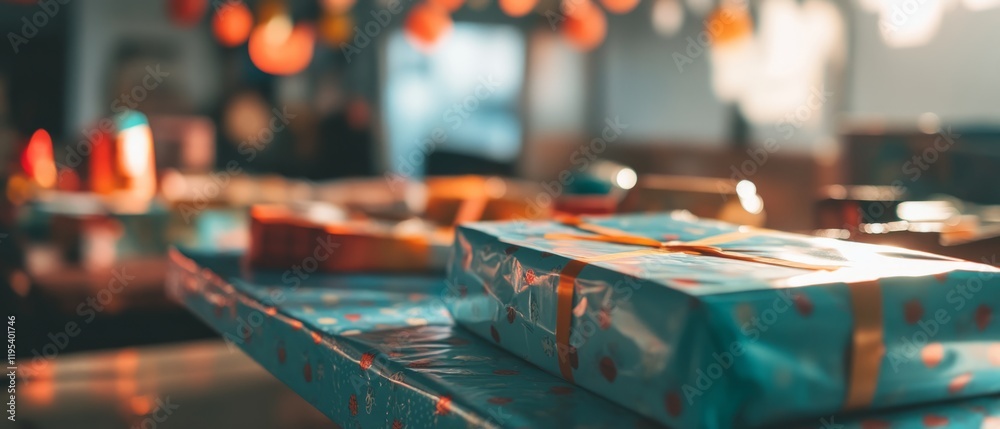Colorful wrapped gifts on a festive table during a celebration in a lively indoor setting Colorful wrapped gifts on a festive table during a celebration in a lively indoor setting