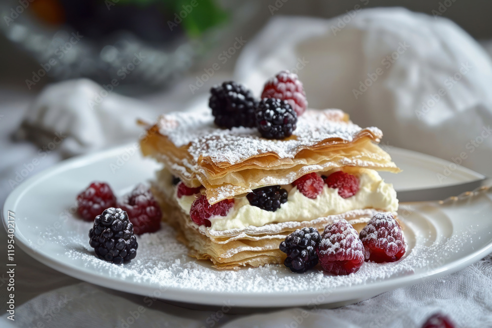 A delicate mille-feuille pastry served with fresh berries and powdered sugar on a white plate