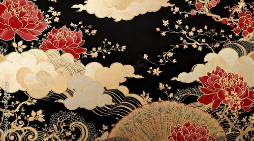 Traditional Japanese Style Wallpaper Mural with Peonies, Clouds, Stars and Geometric Patterns for Elegant Interior Design.