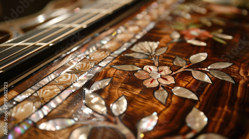 A detailed view of traditional fretboard inlay work using mother-of-pearl and fine chisels