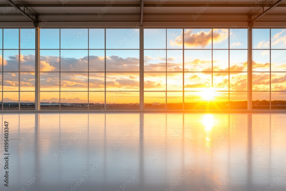 Fototapeta premium Golden sunset view through expansive windows of a modern building. Warm light reflects on the polished floor.