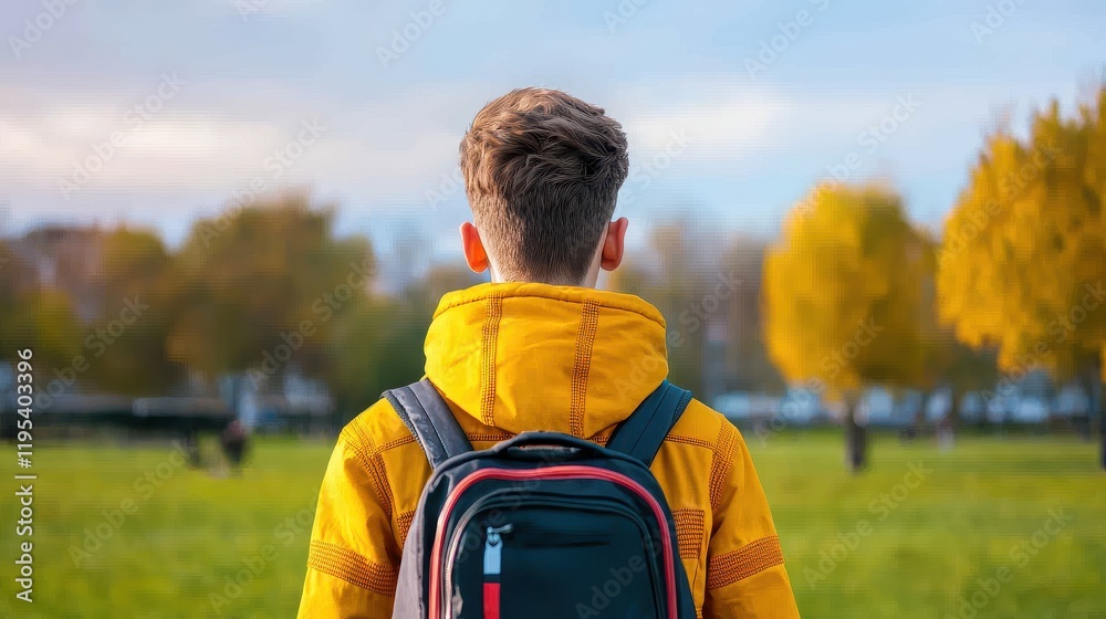 Social Anxiety and Introvert Concept, Teenager Walking Alone in Park, Avoiding Eye Contact, Surrounded by Nature in Calm Atmosphere